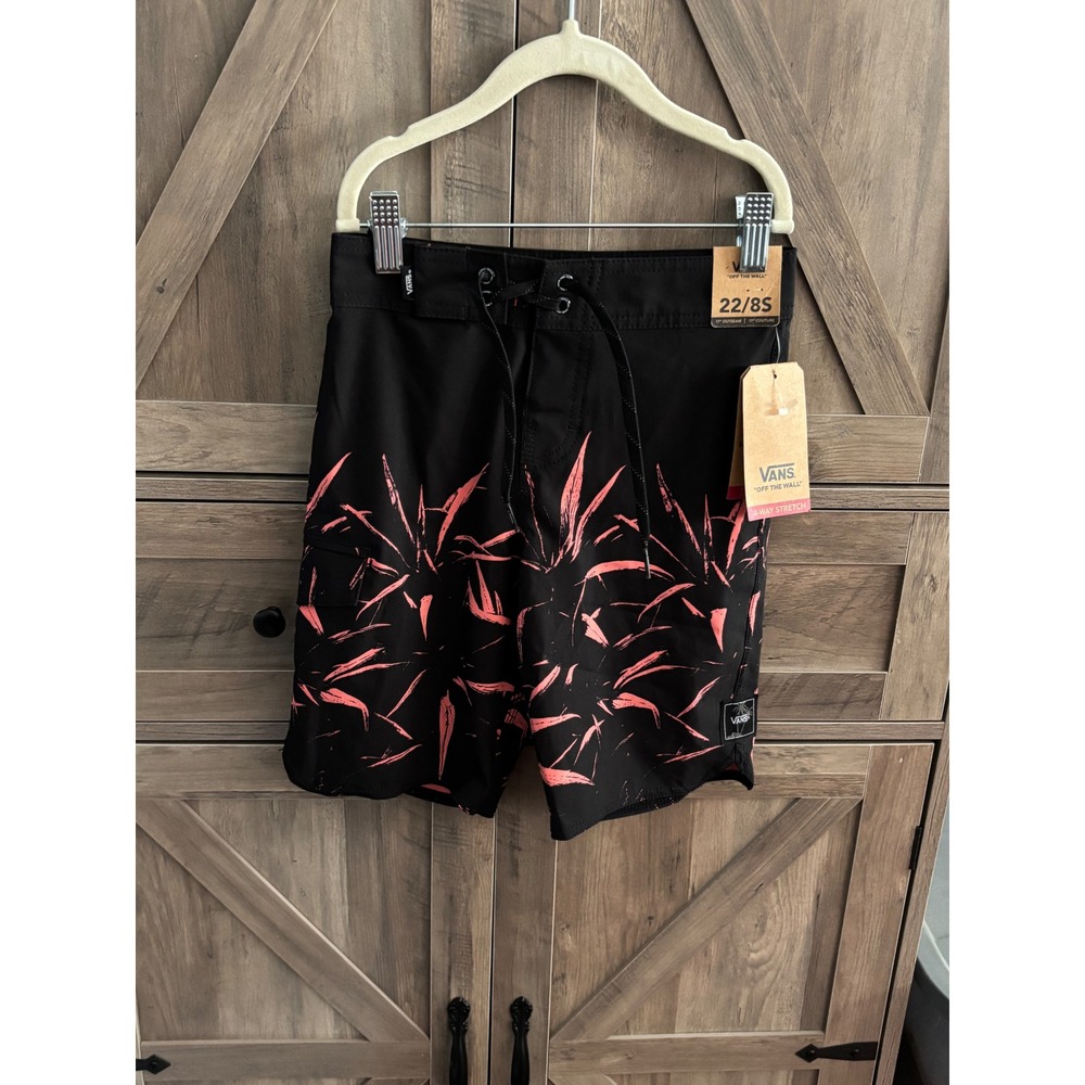 Vans Boys Board Shorts Black Pink Tropical Leaf Swim Trunks Size 22 8S NWT